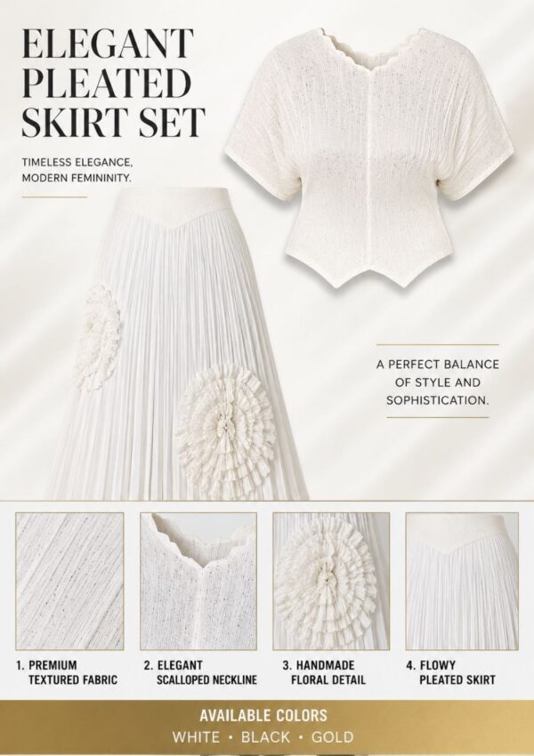 Premium White Two-Piece Pleated Set