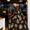 Premium Black Gold Leaf Wrap Dress