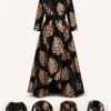 Premium Black Gold Leaf Wrap Dress