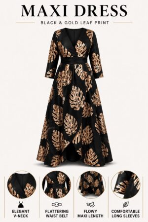 Premium Black Gold Leaf Wrap Dress