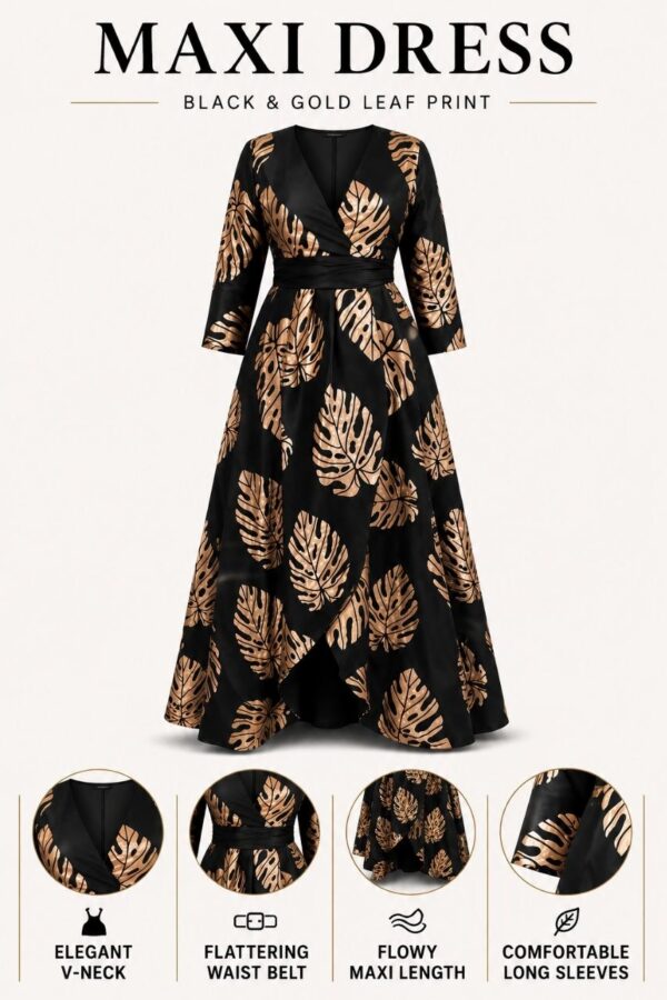Premium Black Gold Leaf Wrap Dress