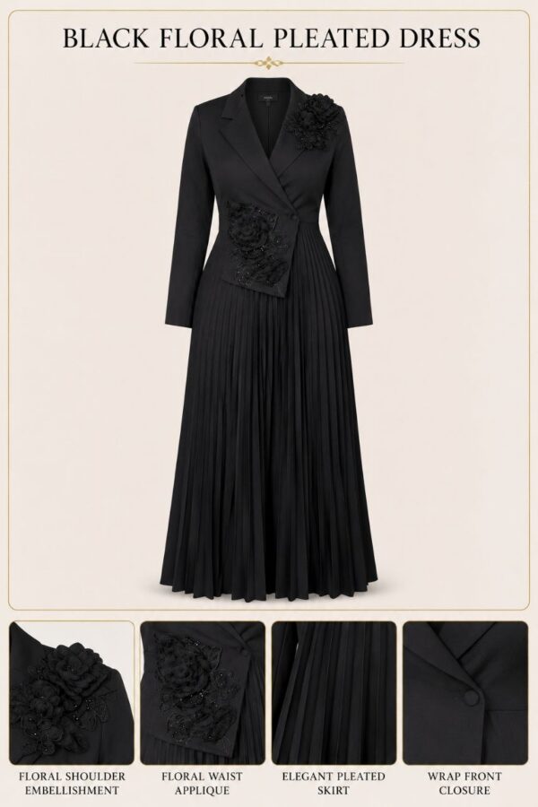 Premium Black Pleated Wrap Dress