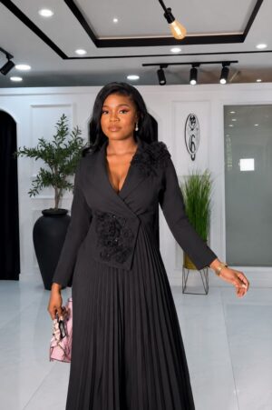 Premium Black Pleated Wrap Dress