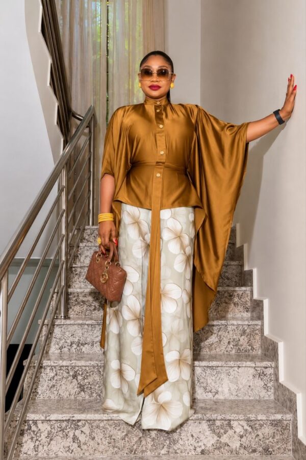 Premium Gold Kimono Set with Floral Pants
