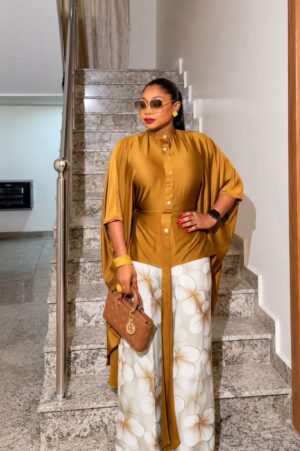 Premium Gold Kimono Set with Floral Pants