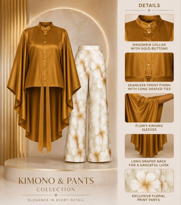 Premium Gold Kimono Set with Floral Pants
