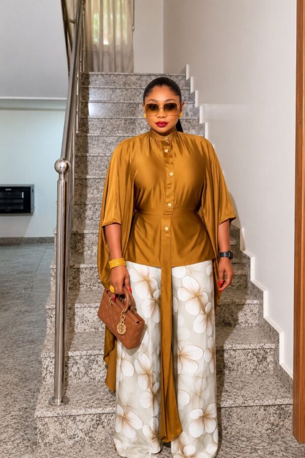 Premium Gold Kimono Set with Floral Pants