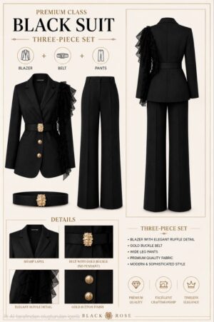 Premium Black Three-Piece Suit Set with Gold Buckle Belt