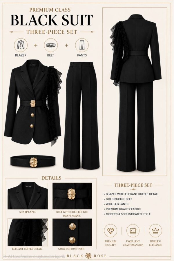 Premium Black Three-Piece Suit Set with Gold Buckle Belt