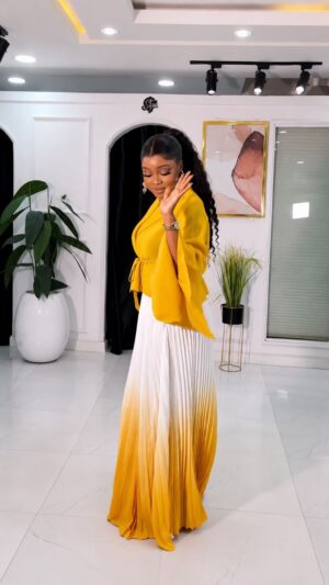 Premium Two-Piece Yellow & White Pleated Dress Set