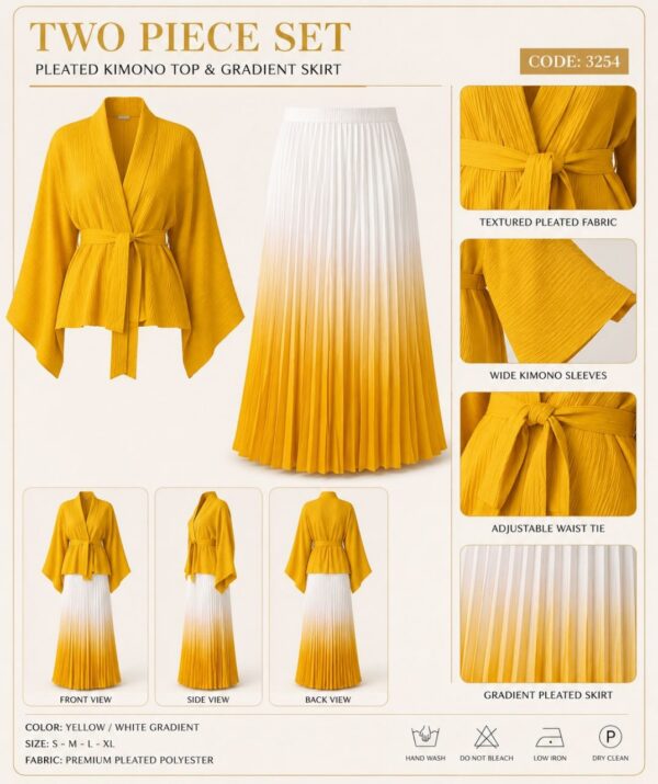 Premium Two-Piece Yellow & White Pleated Dress Set