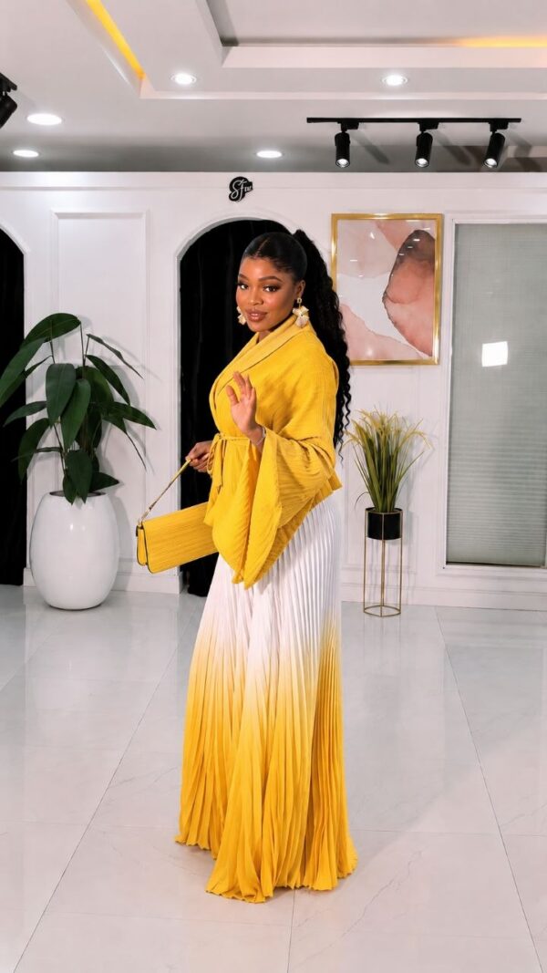 Premium Two-Piece Yellow & White Pleated Dress Set