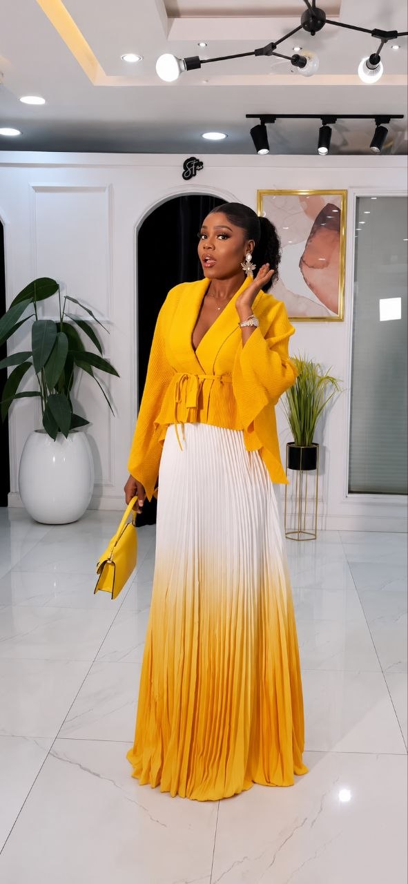 Premium Two-Piece Yellow & White Pleated Dress Set