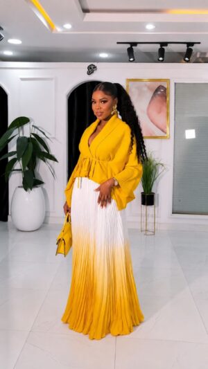 Premium Two-Piece Yellow & White Pleated Dress Set