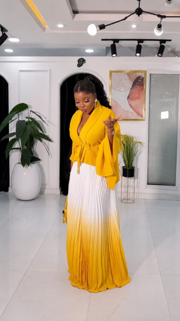 Premium Two-Piece Yellow & White Pleated Dress Set