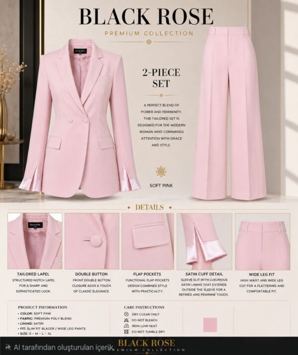 Black Rose Premium Soft Pink 2-Piece Tailored Blazer & Wide-Leg Pants Set