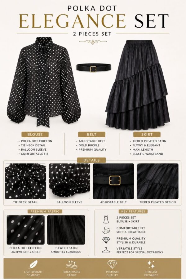 Premium Two-Piece Polka Dot Set with Pleated Skirt