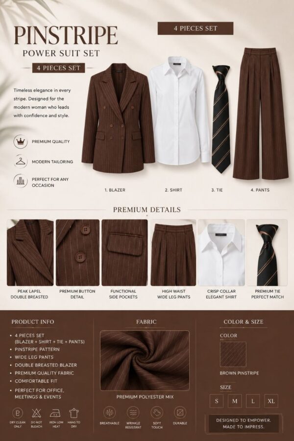 Premium Brown Pinstripe Four-Piece Suit Set