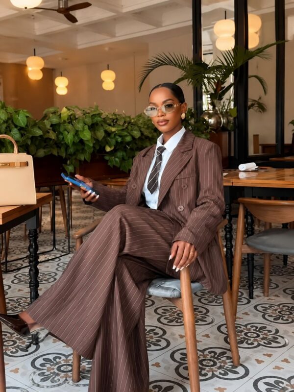Premium Brown Pinstripe Four-Piece Suit Set