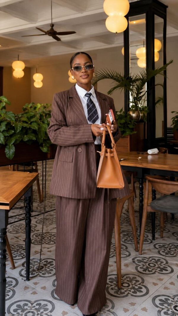 Premium Brown Pinstripe Four-Piece Suit Set