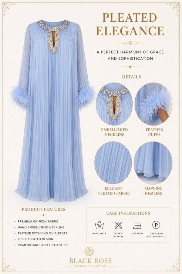 Premium Pleated Maxi Dress with Feather Details
