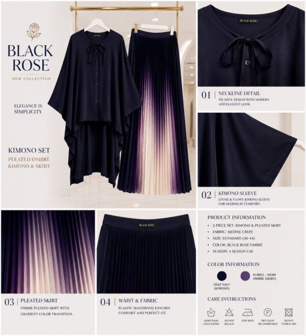 Premium Purple Kimono and Pleated Skirt Set