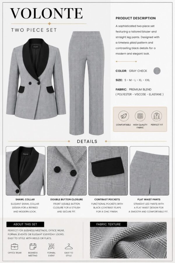Premium Gray Plaid Two-Piece Blazer Suit Set