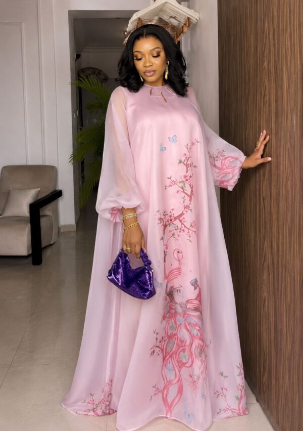 Premium Pink Boubou Dress with Floral Embroidery
