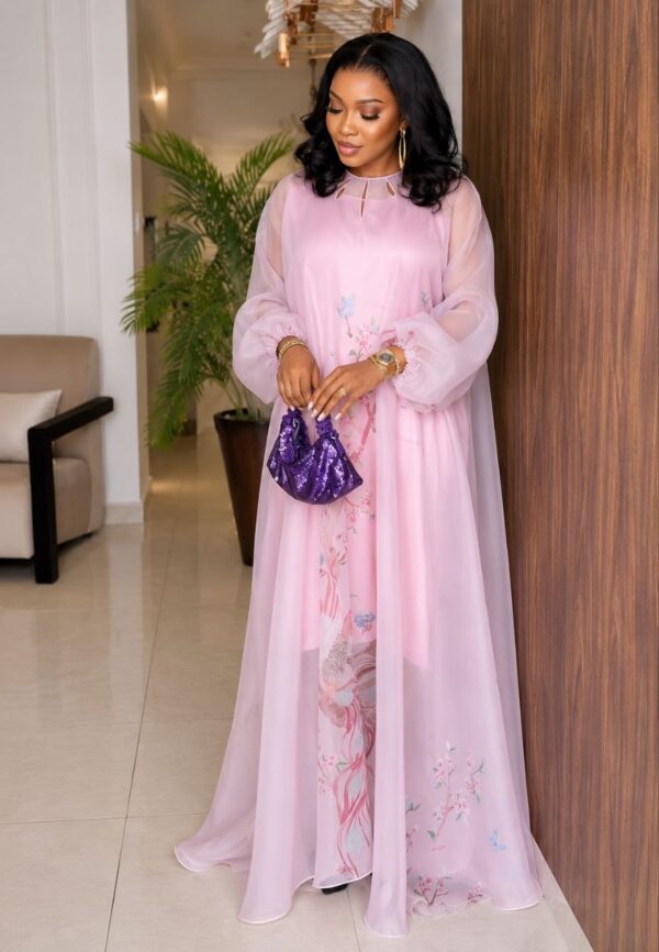 Premium Pink Boubou Dress with Floral Embroidery