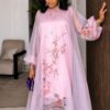 Premium Pink Boubou Dress with Floral Embroidery
