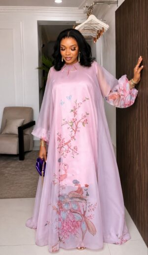 Premium Pink Boubou Dress with Floral Embroidery
