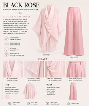 Black Rose Chiffon Wrap Top & Wide Pants Set