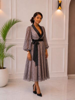 Premium Lace Wrap Dress with Belt
