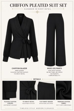 Chiffon Pleated Two-Piece Suit Set - Premium Blazer & Wide Leg Pants