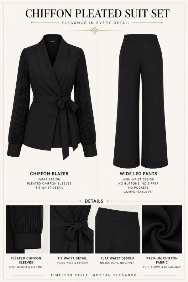 Chiffon Pleated Two-Piece Suit Set - Premium Blazer & Wide Leg Pants