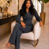 Chiffon Pleated Two-Piece Suit Set - Premium Blazer & Wide Leg Pants