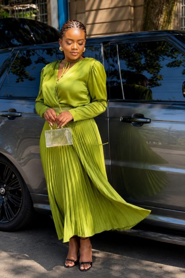 Premium Two-Piece Pleated Midi Set - Lime Green