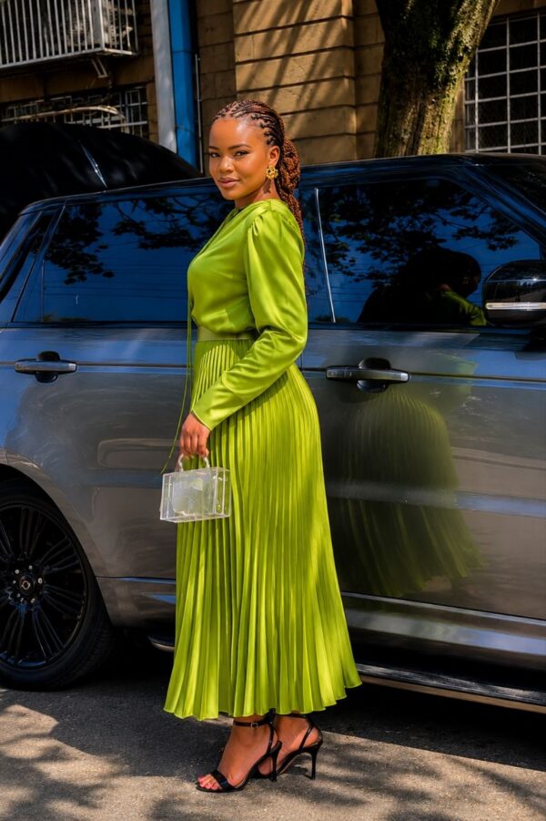 Premium Two-Piece Pleated Midi Set - Lime Green