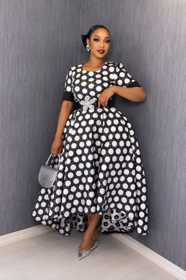 Premium Polka Dot Fit-and-Flare Dress with Bow Detail