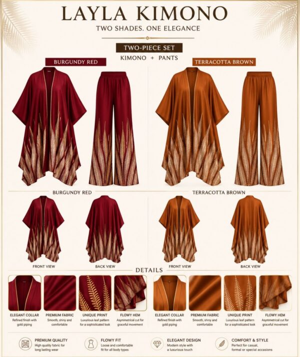 Premium Brown & Red Kimono Pants Set