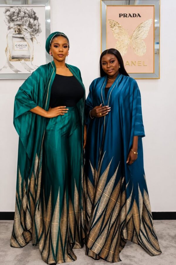 Premium Silk Kimono and Pants Set - Green & Blue