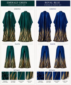 Premium Silk Kimono and Pants Set - Green & Blue