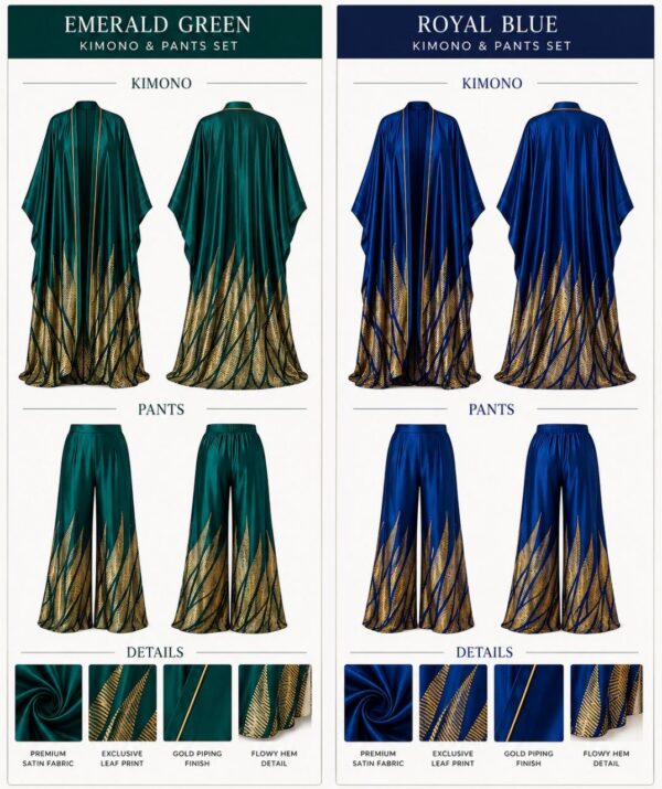 Premium Silk Kimono and Pants Set - Green & Blue