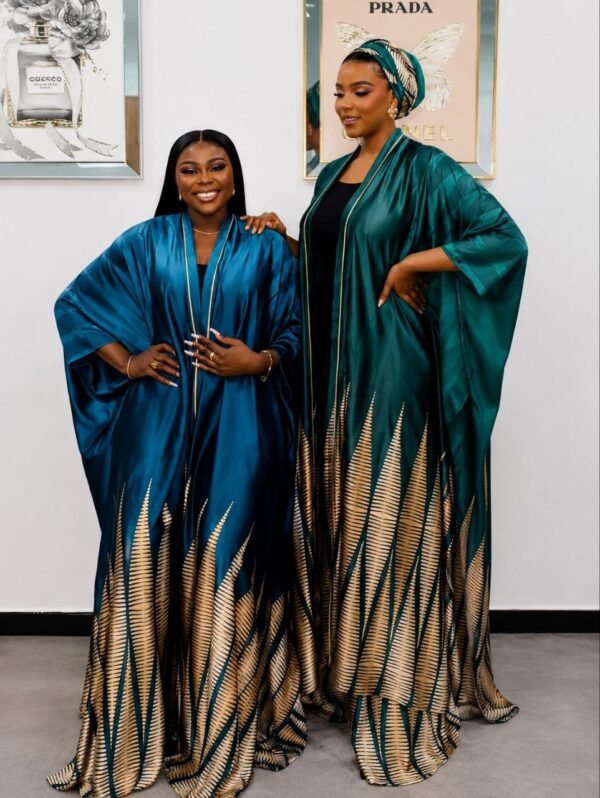 Premium Silk Kimono and Pants Set - Green & Blue