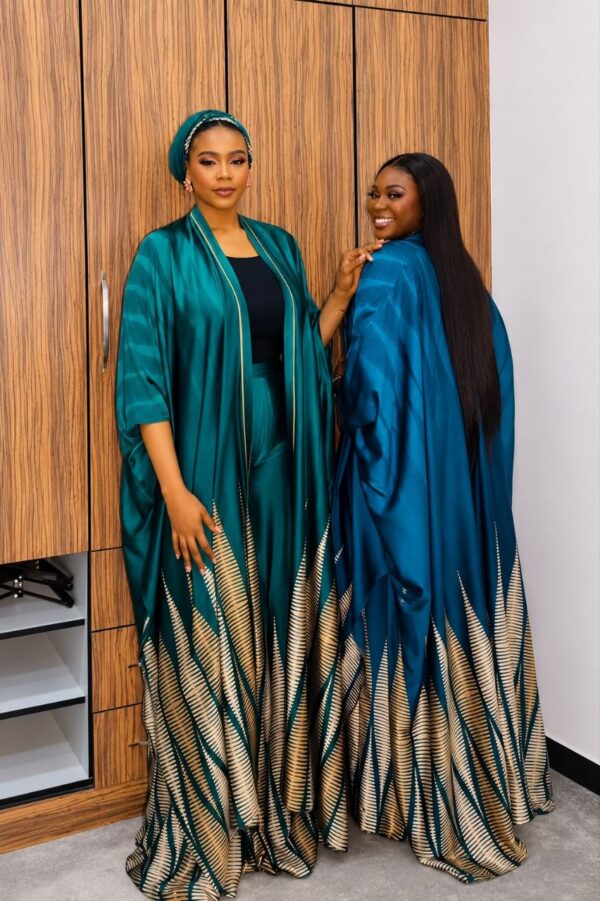 Premium Silk Kimono and Pants Set - Green & Blue