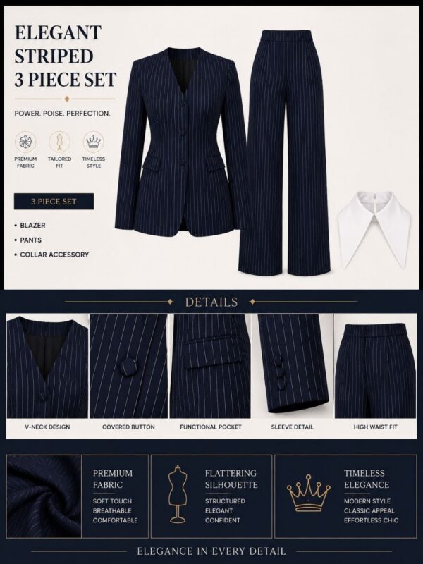 Premium Three-Piece Pinstripe Blazer Set