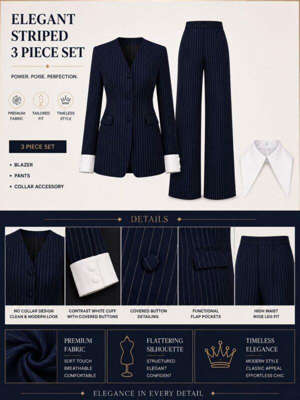 Premium Navy Pinstripe 3-Piece Business Suit Set