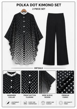 Premium Black Polka Dot Kimono & Pants Set