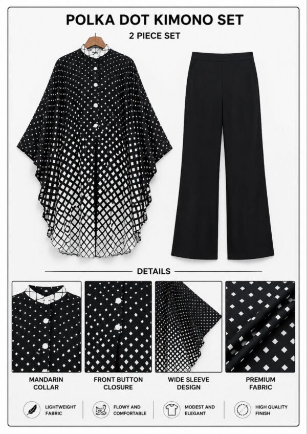 Premium Black Polka Dot Kimono & Pants Set