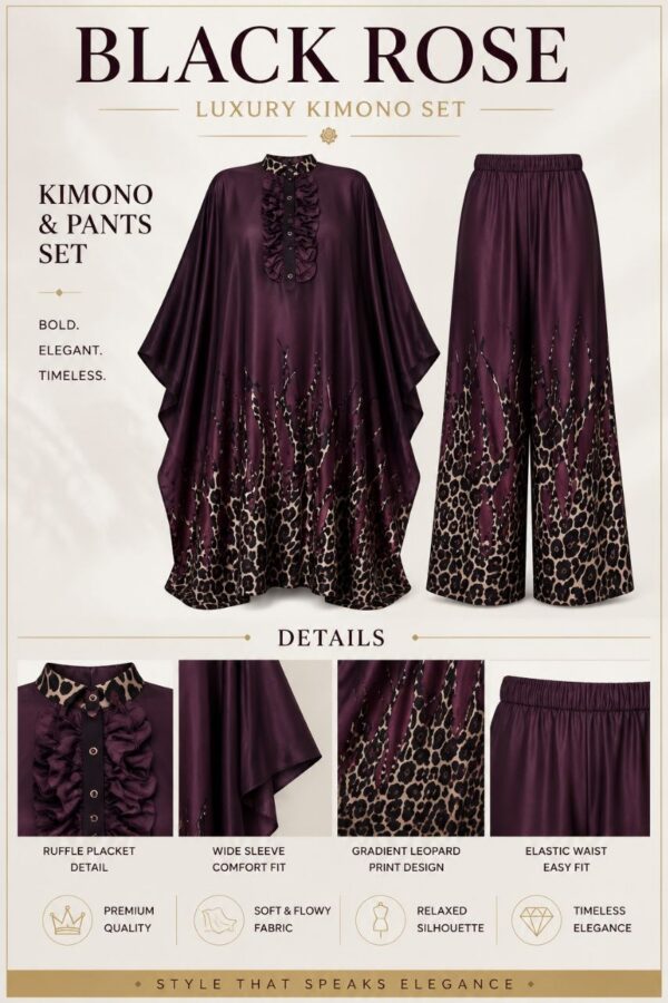 Premium Plum Kimono Set with Leopard Print Pants
